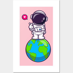 Cute Astronaut Standing On Earth With Love Sign Cartoon Posters and Art